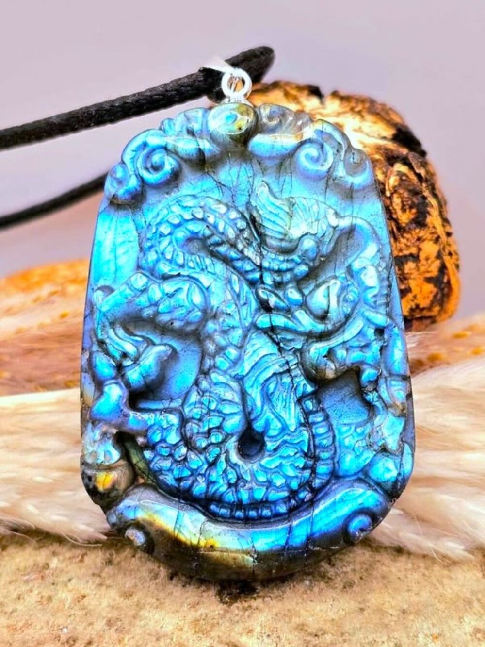 Labradorite Dragon Pendant • Strong Flash • 1.8" Carved Crystal Necklace